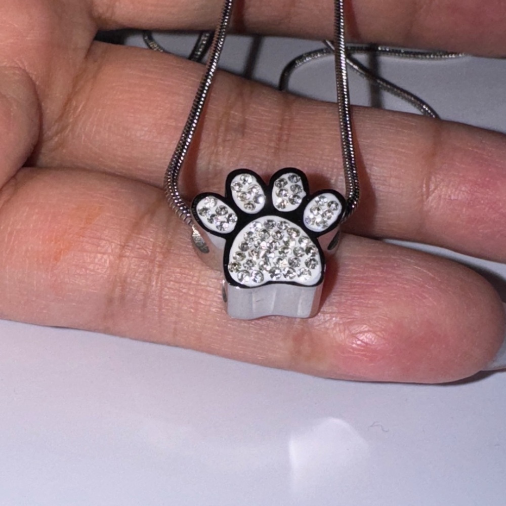 14K White Gold Vermeil Paw Urn Pendant – Swarovski Crystal Keepsake Urn Jewelry - Picture 3 of 10